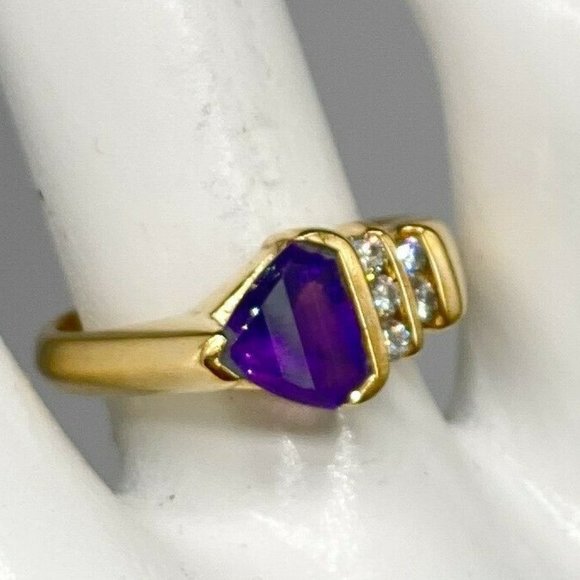 TRILLION CUT AMETHYST DIAMOND RING 18K YELLOW GOLD - Picture 1 of 7